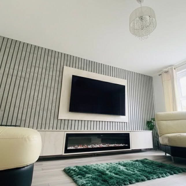 Slatted feature wall with fireplace and floating unit Manchester